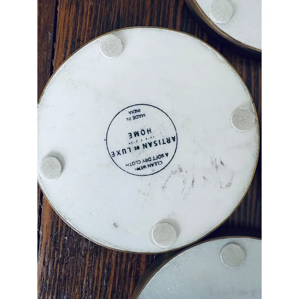 Artisan De Luxe White Gray Shimmer Mable & Brass Rim Coaster Set 4 Made In India